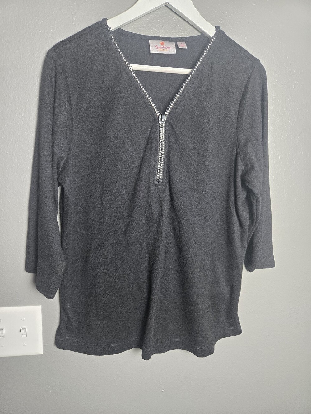 Black Quarter-Zip Women's Top with Rhinestone Trim